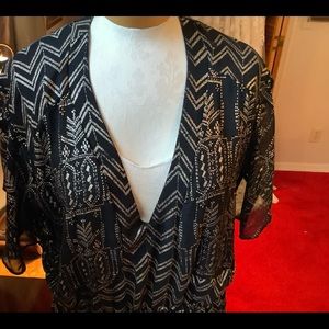 Free People, LG, elastic waist dress, black w/gold thread; detailed bottom.